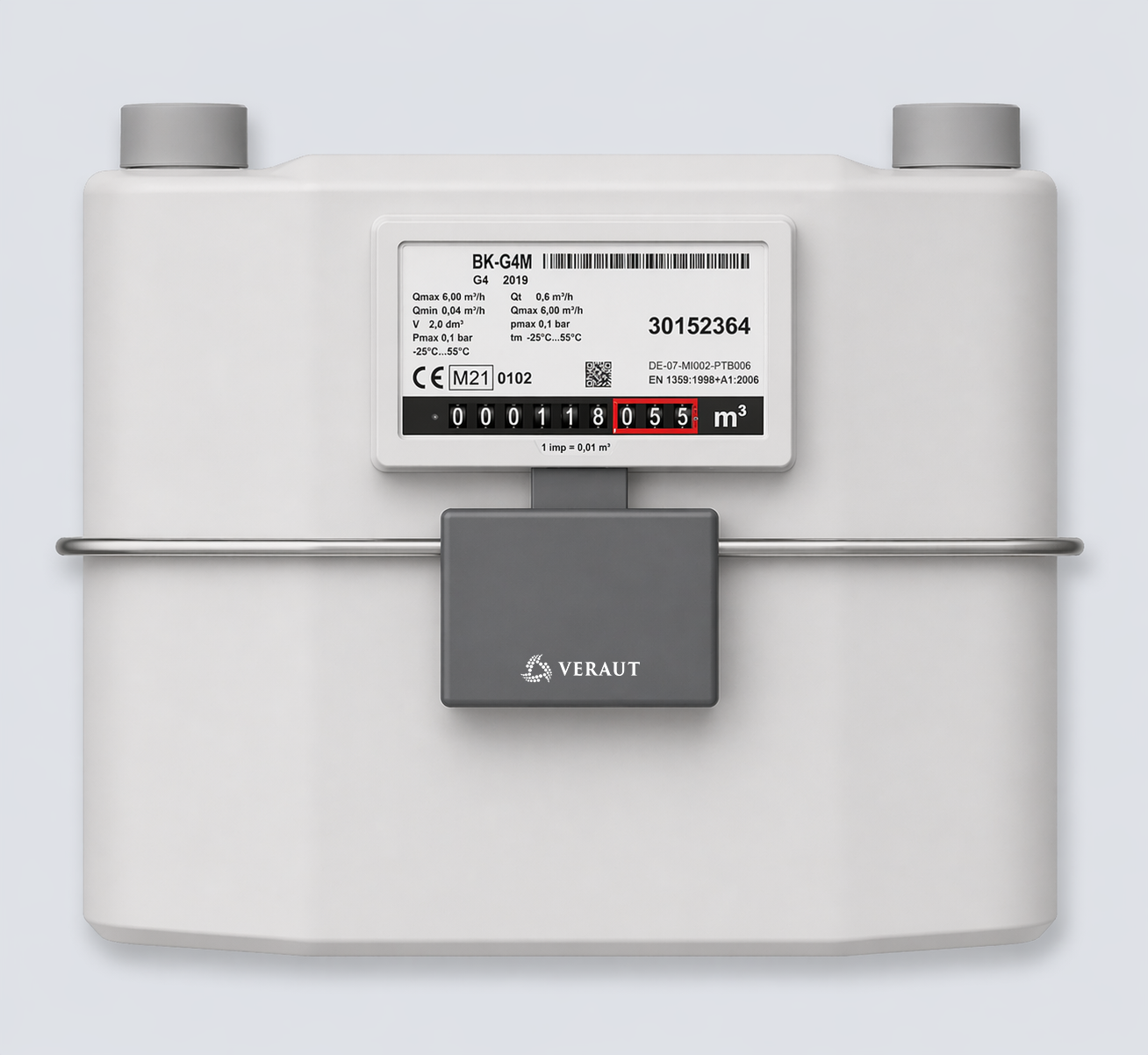 LORABOX Impulsmodul montiert auf einem Elster BK-G4M Balgengaszähler